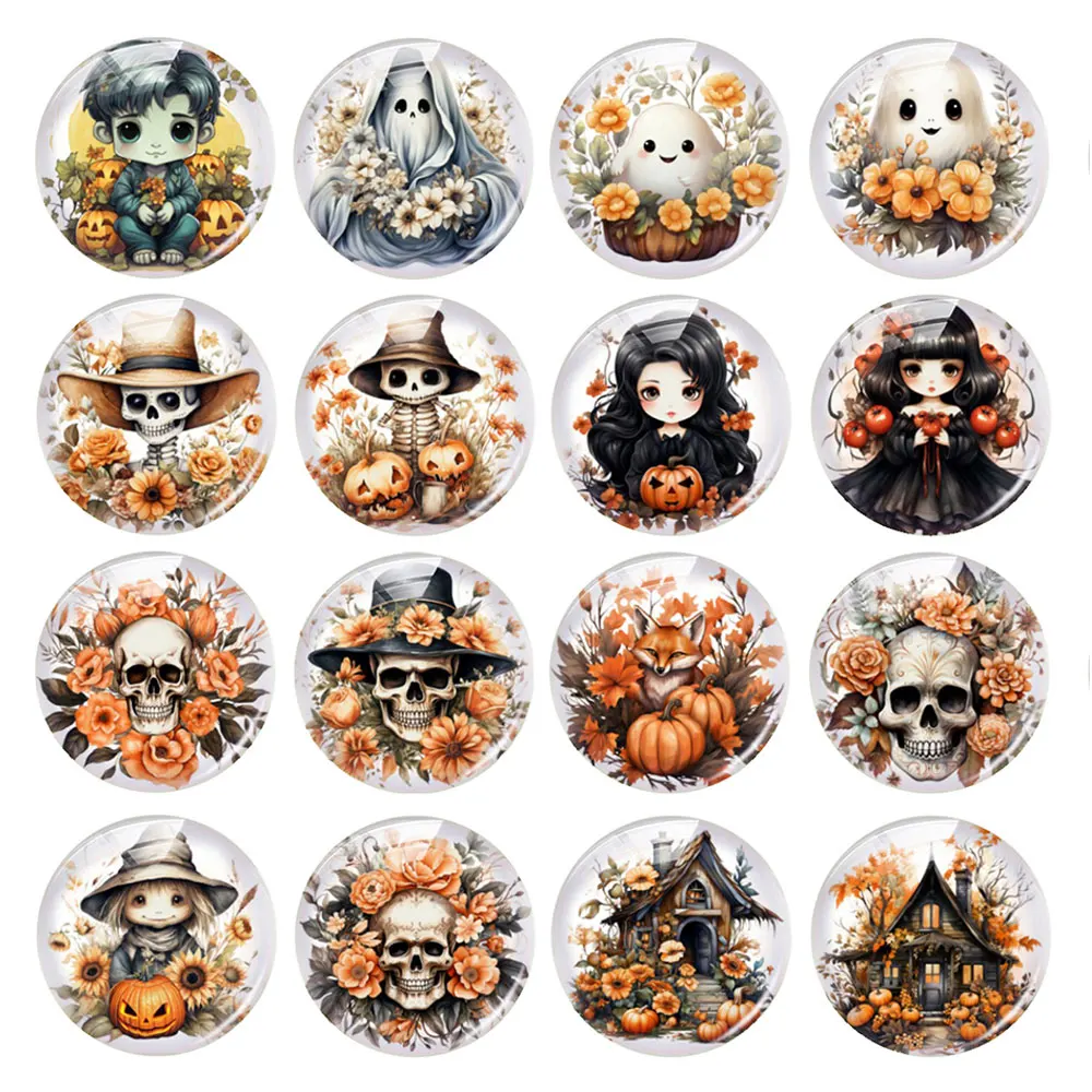 Handmade Halloween Pumpkin Skull  Witch Flower Ghost Hunting Photo Glass Cabochon Flatback Demo Cameo For Diy Jewelry Making