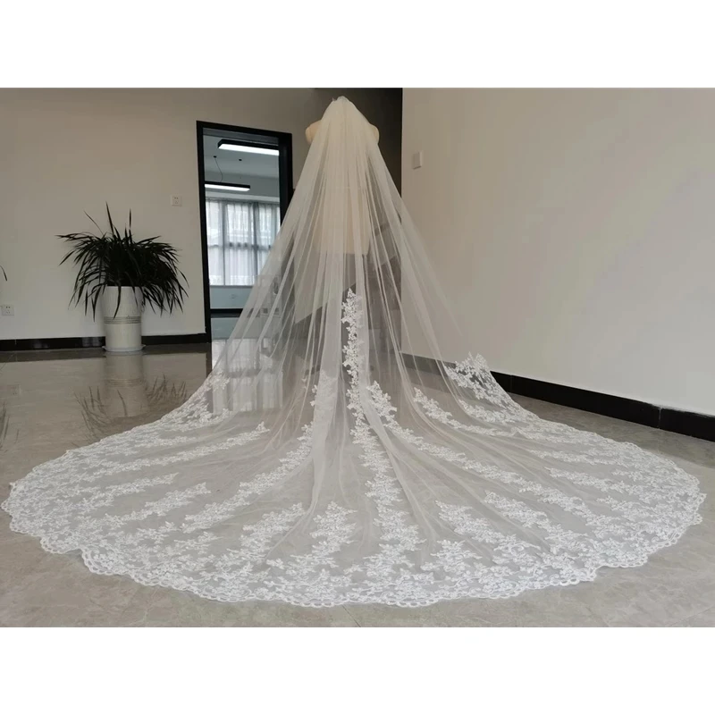 3M 4M 5M Luxury Long Bridal Veil White Ivory Wedding Veils With Comb Lace Edge Applique Elegant Cathedral Length Vail velos de