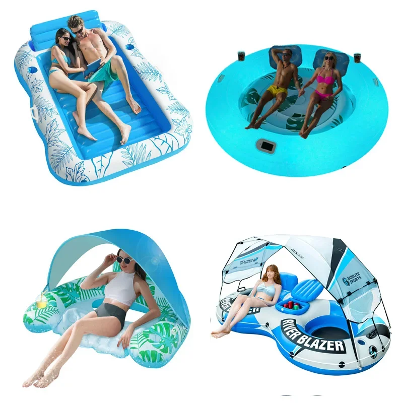 Sunbathing Tanning Pool Water Slide Sunshade Seat Adult Lounger Inflatable Double Floating Bed Water Float