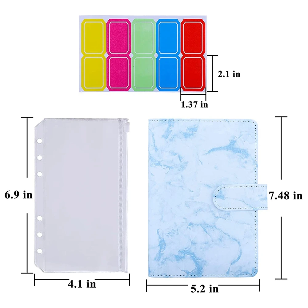 A6 PU Binder Cover with A6 Binder Pockets Loose Leaf Bags 6 Ring Budget Binder Cash Envelopes Money Saving System C