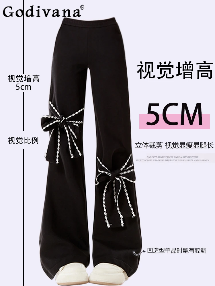 

New Large Size Women American Retro Sweet Bow Leisure Spring Black Pants Korean High Waist Versatile Fashion Wide Leg Pants