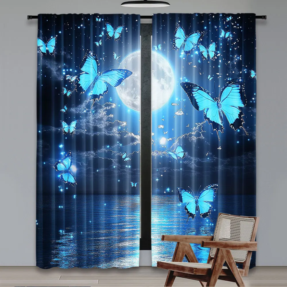 2Pcs Curtain Full Moon Over Ocean Teal Butterfly Starry Night Sky Moon And Stars Bedroom Living Room Dorm Home Decor A