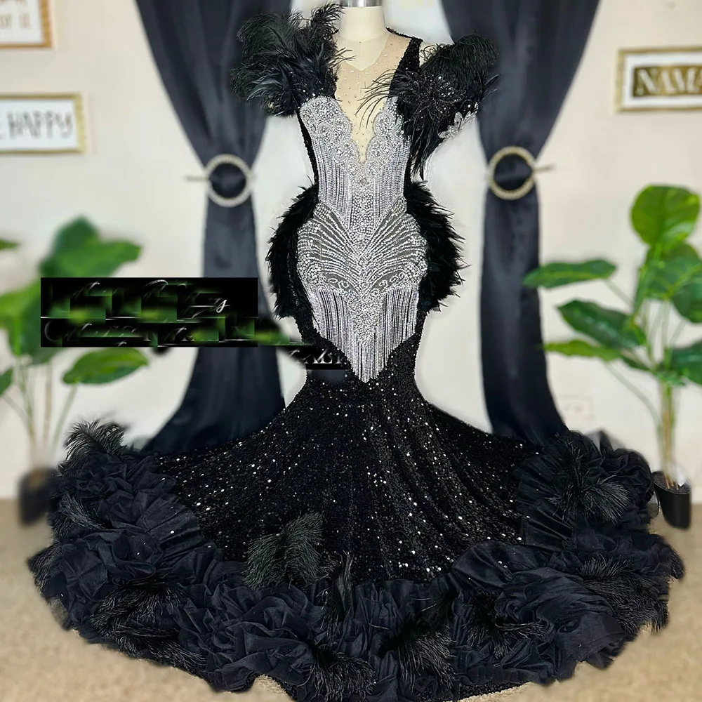Black Matric Dance Mermaid Prom Dresses Feathers 2025 African Black Girls Party Gowns Sequin Evening Dress Customized