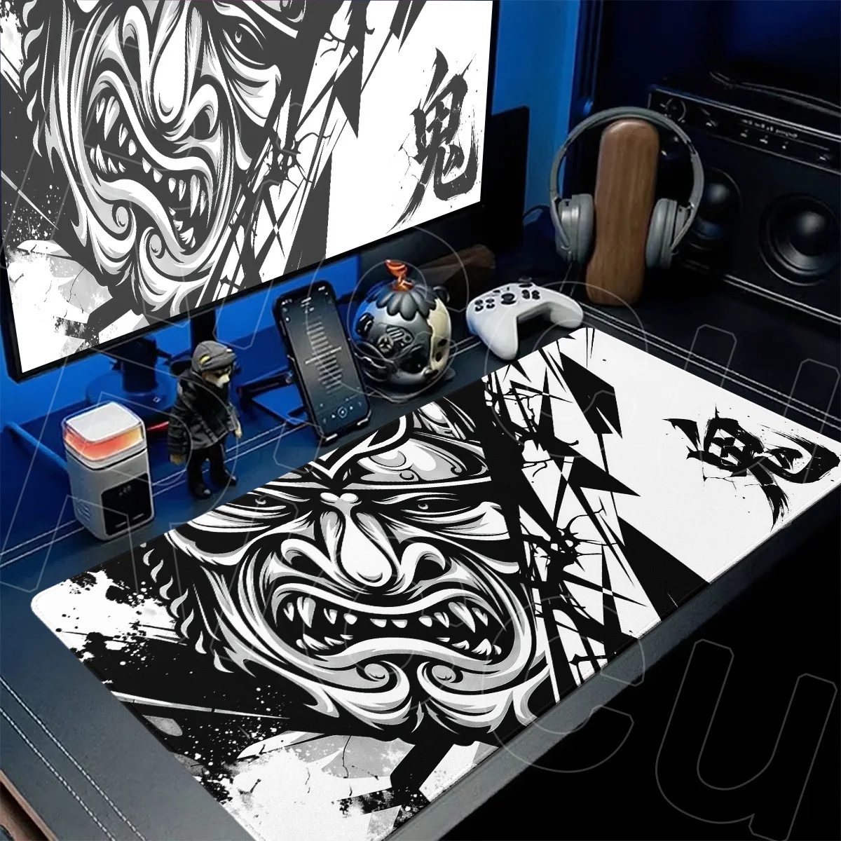 Black&White Japanese Samurai Oni Mousepad Computer Deskmat XXL Non-slip Rubber Gamer Keyboard Pad Washable Office Long Table Mat