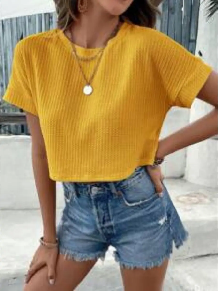 تي شيرت قصير كاجوال بأكمام خفاش بلون سادة لعام 2025 ورقبة دائرية