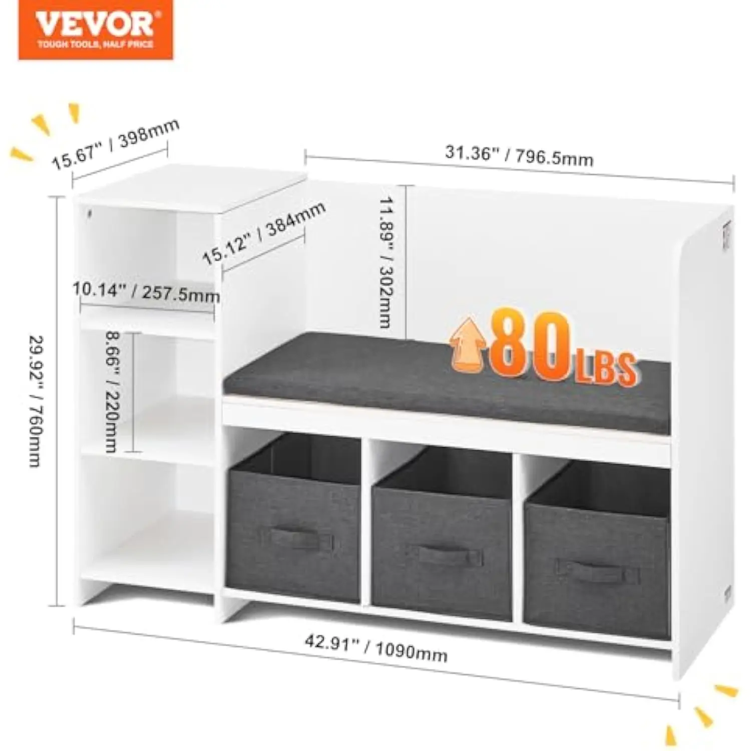 Kids Reading Nook Bench, Toddler Bookshelf and Bookcase with Detachable Seat Cushion, 6-Cubby Storage Organizer Bench with 3 D