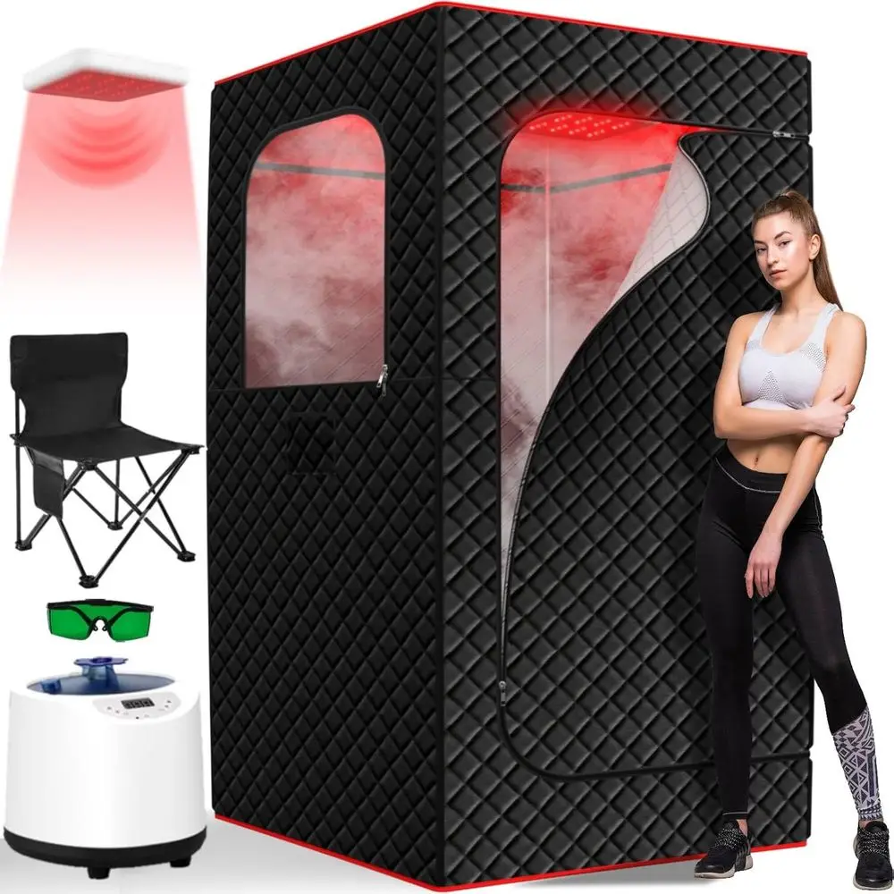 

Portable Personal Full Body Sauna Spa Tent at Home for Relaxation with 660nm Red Light Therapy Lamp, 3L Steamer, Folding Chair,