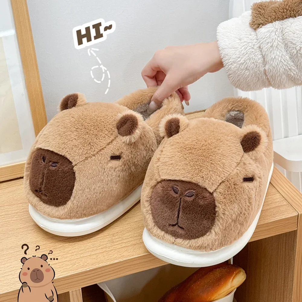 

Winter Warm 3D capybara Cartoon Furry Women Plush Slippers Thick Furry Ankle Wrap Men Lady Couple Home Cotton Shoes