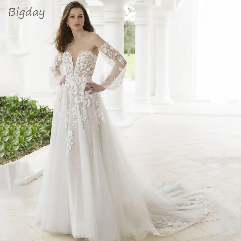 Elegant A-Line Wedding Dress Women Sweetheart Lace Long Puff Sleeve Open Back Applique Bridal Gown Sweep Train Vestidos De Novia