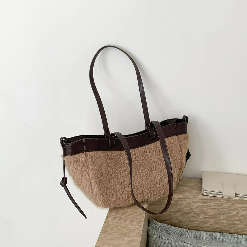 

Women Versatile Top Handle Bag Winter Tote Large Capacity Shoulder Bags Fluffy Unique Patchwork Texture and Simple Storage Bags