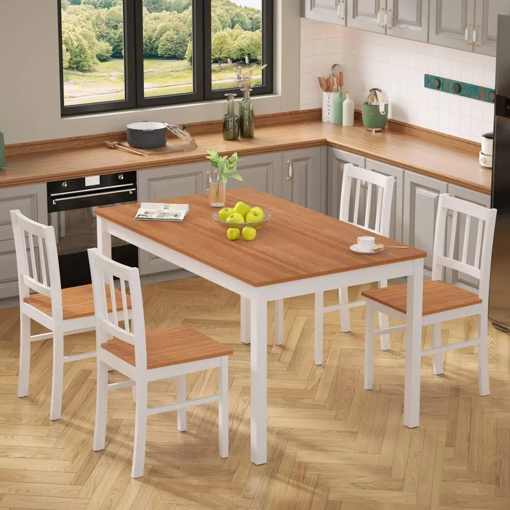 

5 Piece Dining Table Set for 4, Rectangular Wood Kitchen Table Chairs Set with Rubber Wood Legs, SpaceSaving Farmhouse Dinette