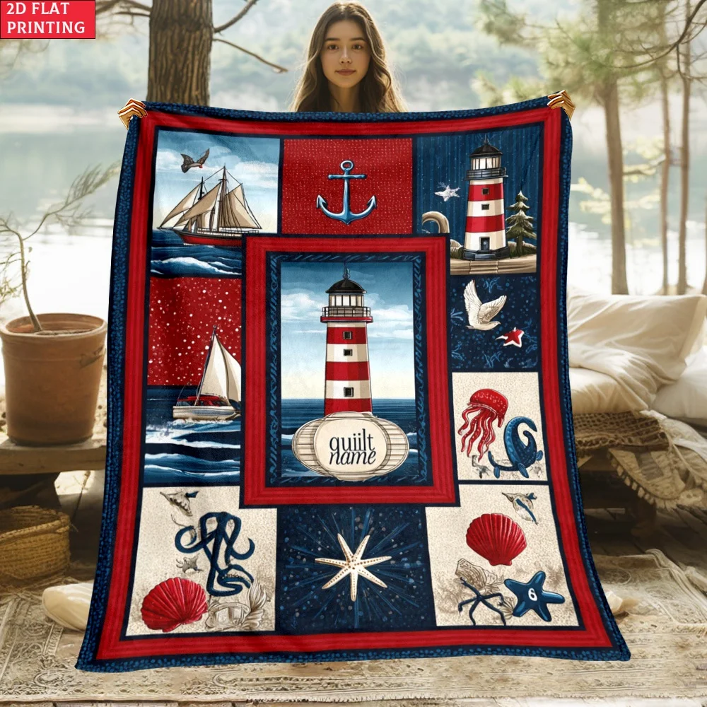Nautical Lighthouse Anchor Sailing Ship Patchwork Fleece Blanket Soft Warm Lightweight Throw Blanket for Sofa Bed Ocean Theme