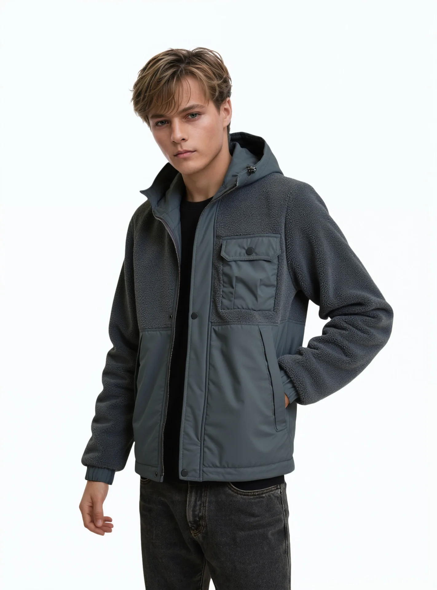 Outono e inverno quente jaqueta espessada para homem, 2025 nova jaqueta casual de retalhos de lã com capuz, casaco superior de inverno