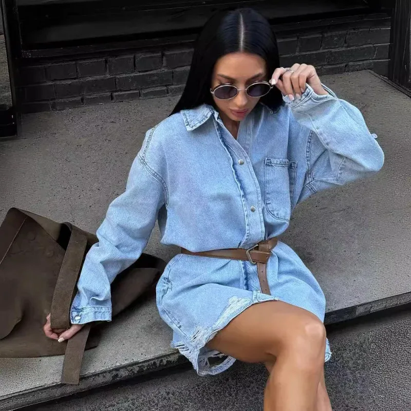 

New European and American Washed Blue Loose Shirt Autumn Women's Outer Wear Casual Mid-Length All-Matching Vintage