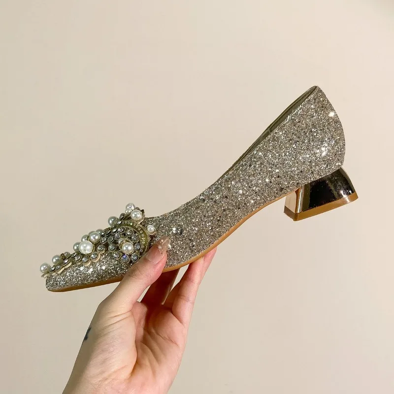 High-end Rhinestone Block Heel Single Shoes Fashion Pointed Toe Shallow Mouth Slip-on Non-Slip Low Top Shoes view 5