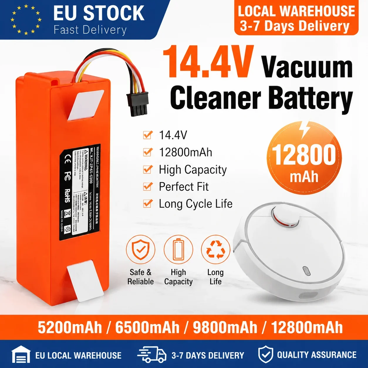 Batería de 14,4 V 2P4S de 6800 mAh-12800 mAh para aspiradora Xiaomi Roborock S50 S51 S55 S60 S65, piezas de repuesto, envío rápido en la UE