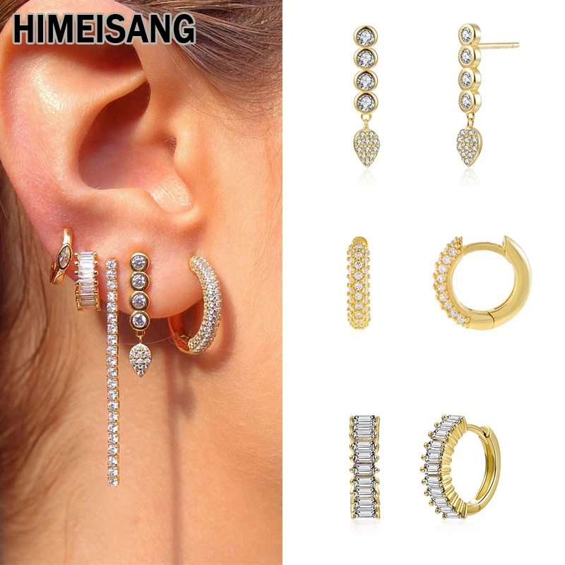 HIMEISANG Silver Gold Filled Hoop Earrings For Women White Zircon Teardrop Dangle Stud Earrings Party Wedding Jewelry Wholesale