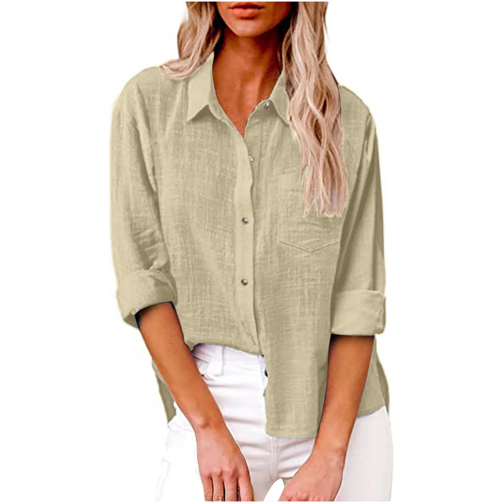 Women Elegant Solid Cotton Blouse Spring Summer Casual Long Sleeve V Neck Loose Shirt Office Lady Tunics Oversized Tops