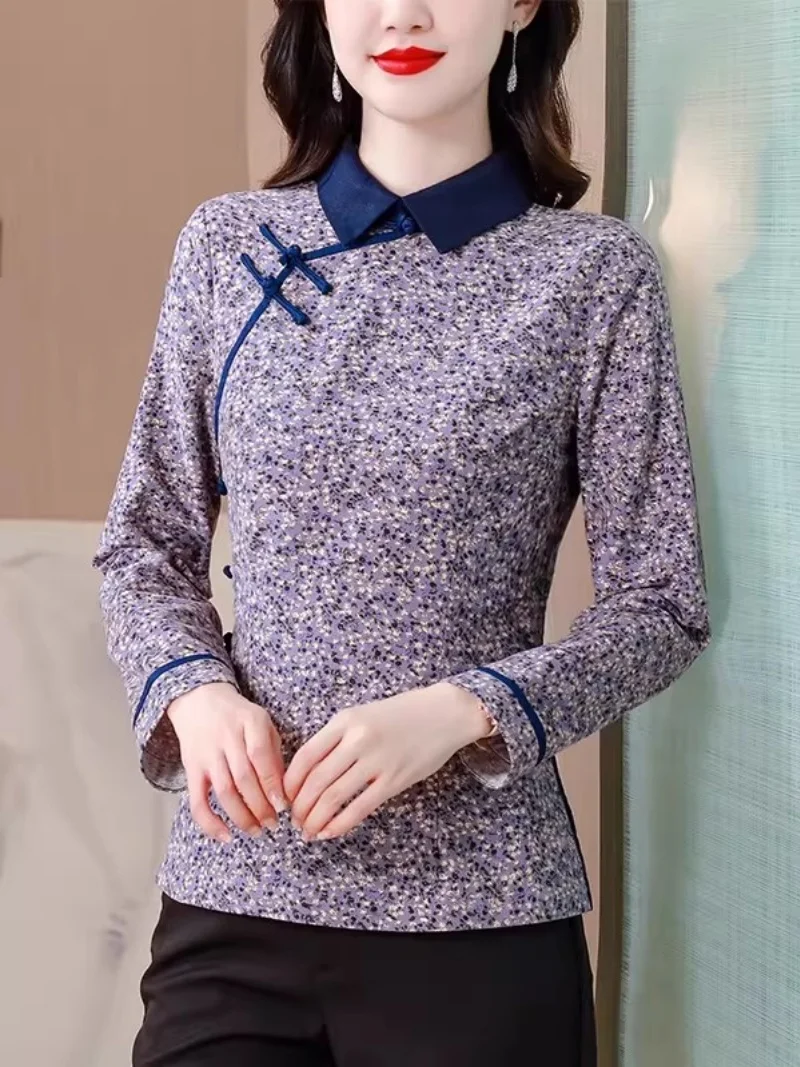 

Женский топ Cheongsam с цветочным принтом, винтажная блузка в китайском стиле с лацканами контрастного цвета и длинными рукавами, осень-зима, элегантная материнская блузка