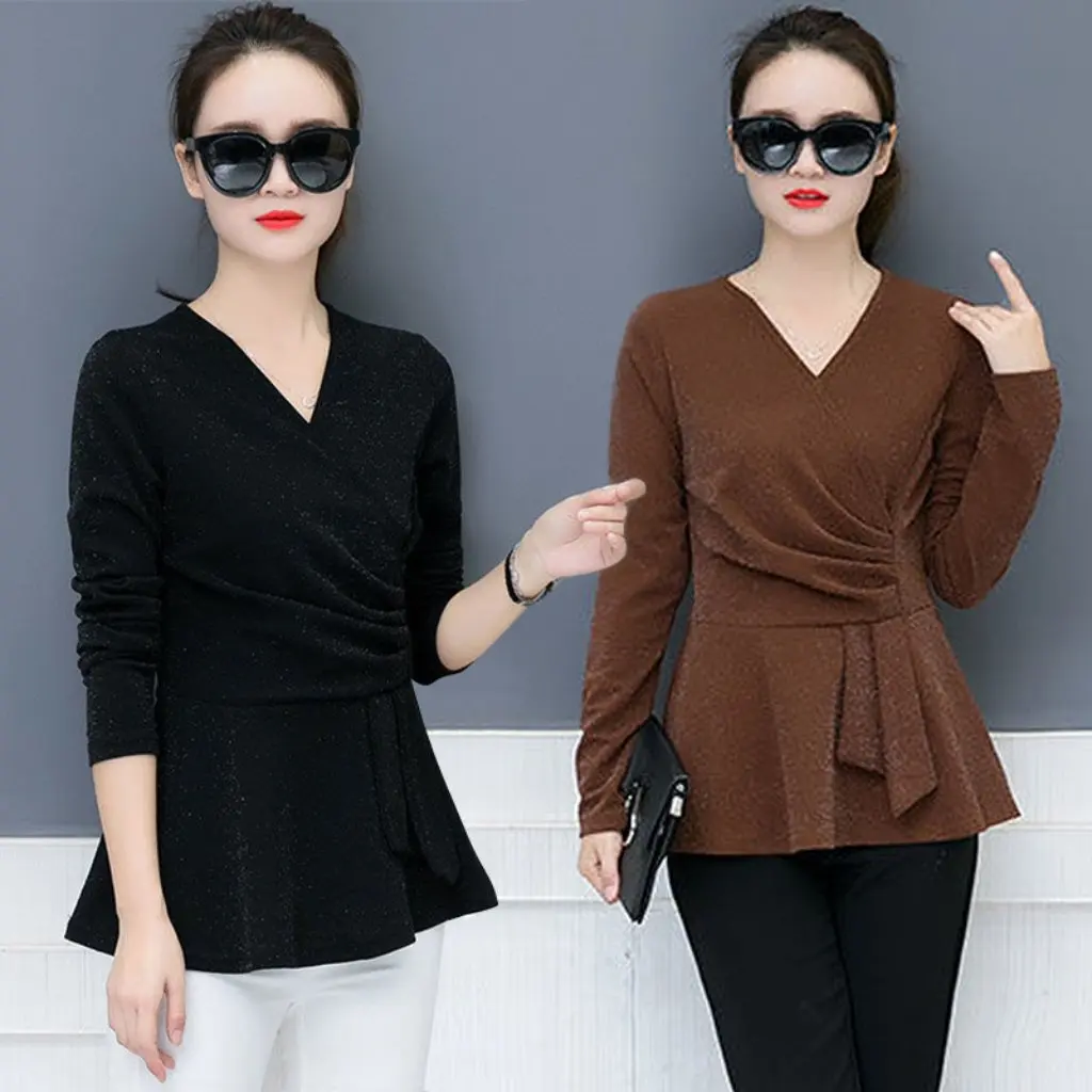 

New Autumn Women's V-neck Long-sleeved T-shirt Korean Style Tight Waist Base Shirt Top for Mothers