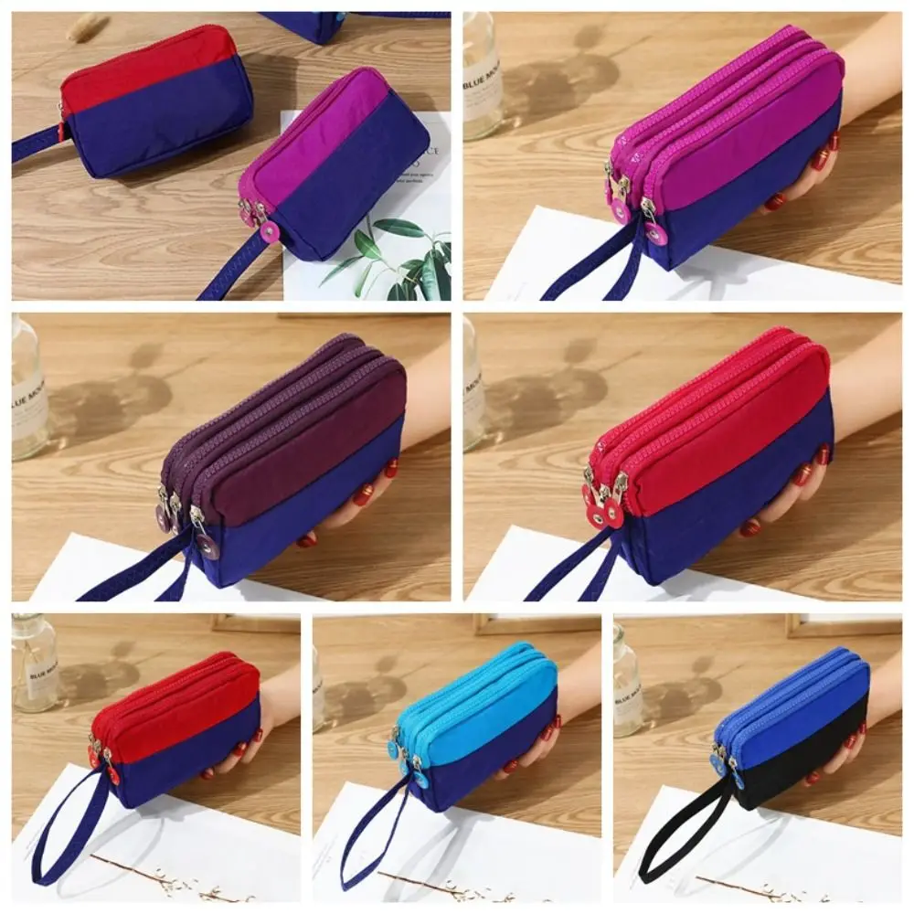 Nylon Three Layer Coin Purse With Lanyard Waterproof Contrasting Colors Wrist Bag Card Holder Large Capacity Simple Hand Bag