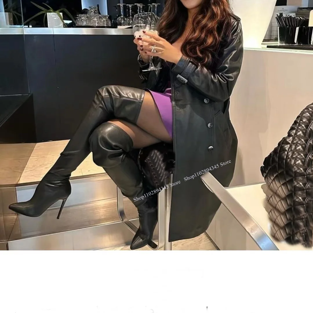 Black Over Knee High Boots Thin High Heel Pointed Toe Cool Sexy Fashion Winter Casual Big Size Woman Shoes Zapatillas Mujer