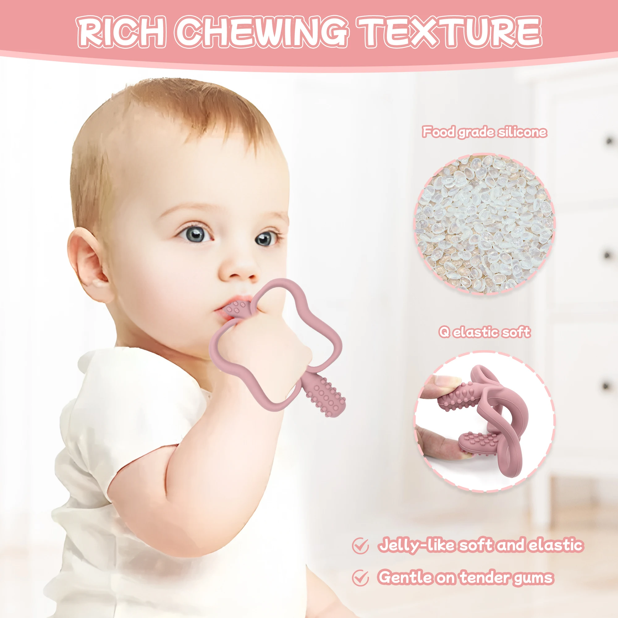 Juguete para la dentición con mango de fácil agarre, cepillo de dientes de silicona para bebé, fácil de limpiar, superficie texturizada de doble cara ayuda en masaje.