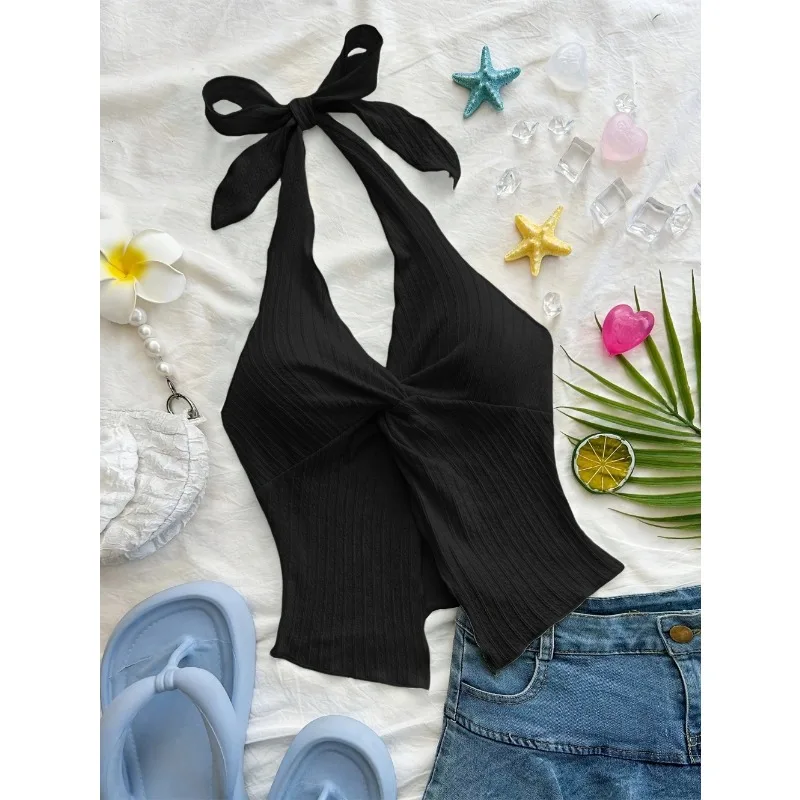 2025 New Women Summer Y2K Sexy V-neck Halter Neck Crop Top Sleeveless Solid Split Backless Y2K Tops Women's Clothing Streetwear