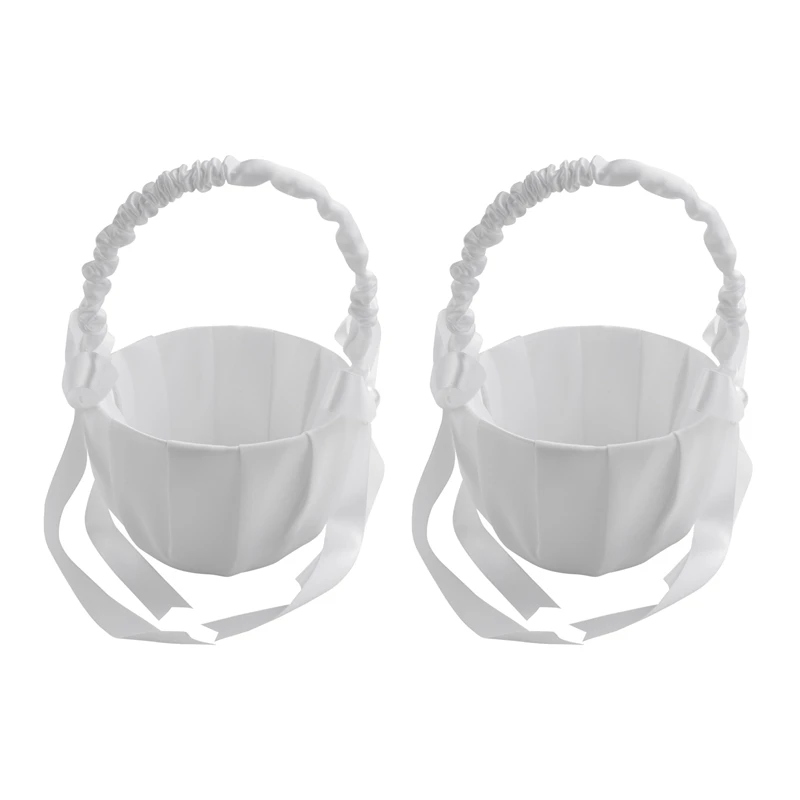 

2X Romantic White Satin Bowknot PEARL Flower Girl Basket Wedding Ceremony Party