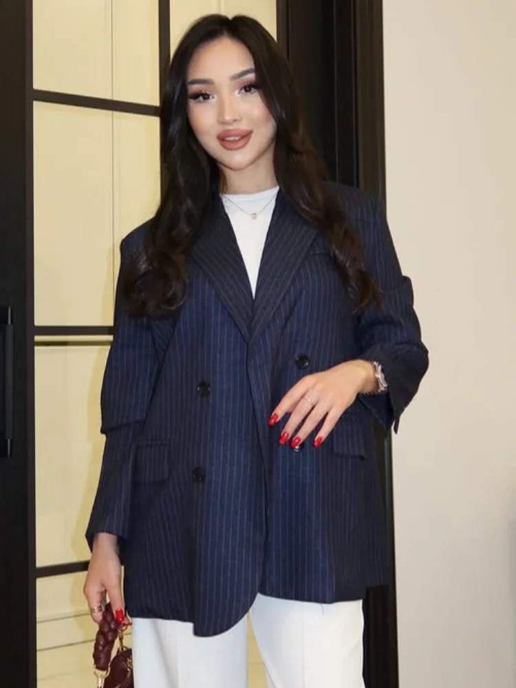 

Женский модный полосатый блейзер с отложным воротником, шикарное пальто с длинными рукавами, V-образным вырезом, двубортное, свободного кроя, весна-осень 2026, верхняя одежда для женщин