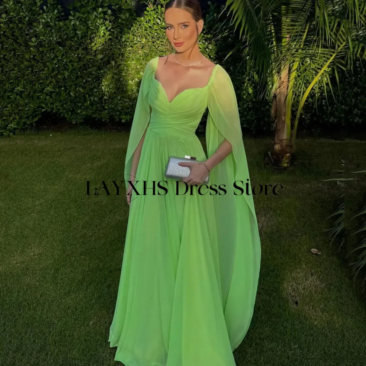 LAYXHS Novel Green V-Neck Evening Dresses A-Line With Cape Floor-Lenght Prom Dresses Customized فساتين سهره