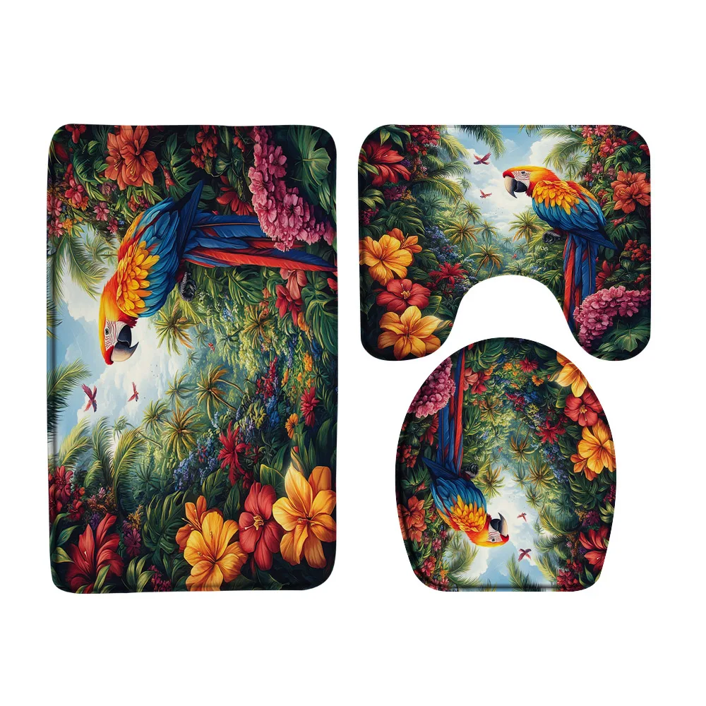 Jungle Parrot Shower Curtain Set Tropical Bird Colorful Floral Green Leaves Bathroom Curtain Non-Slip Bath Mat Rug Toilet Cover