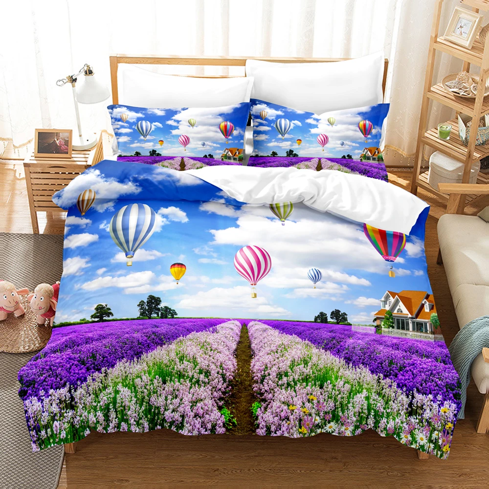 

Purple Lavender Bedding Set Flower Hot Air Balloon Duvet Cover Single Double Size For Kids Adults Beautiful Scenery Home Textile