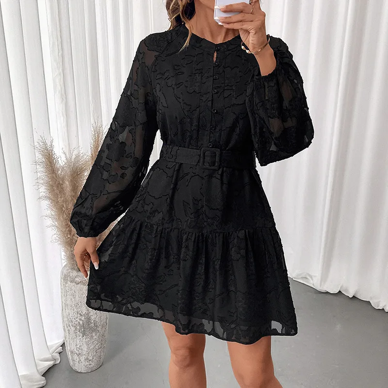 

2025 Spring and Autumn New Women's Round Neck Fashion Chic Long-sleeved Elegant Style Jacquard Dress Ladies