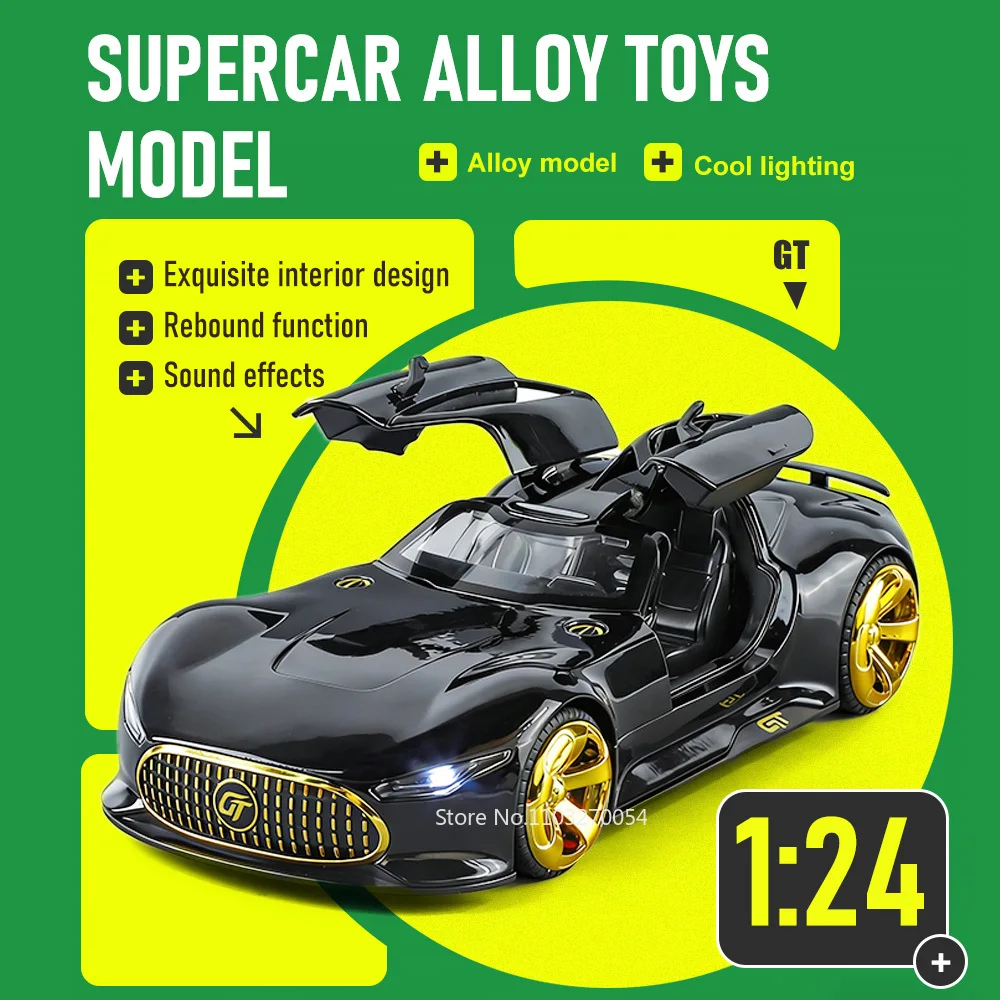 

Модель суперкара GT SLS 1:24, литая из сплава, с функцией поворота передних колес, звуком и светом, откатным механизмом, открывающимися дверями, украшение для стола
