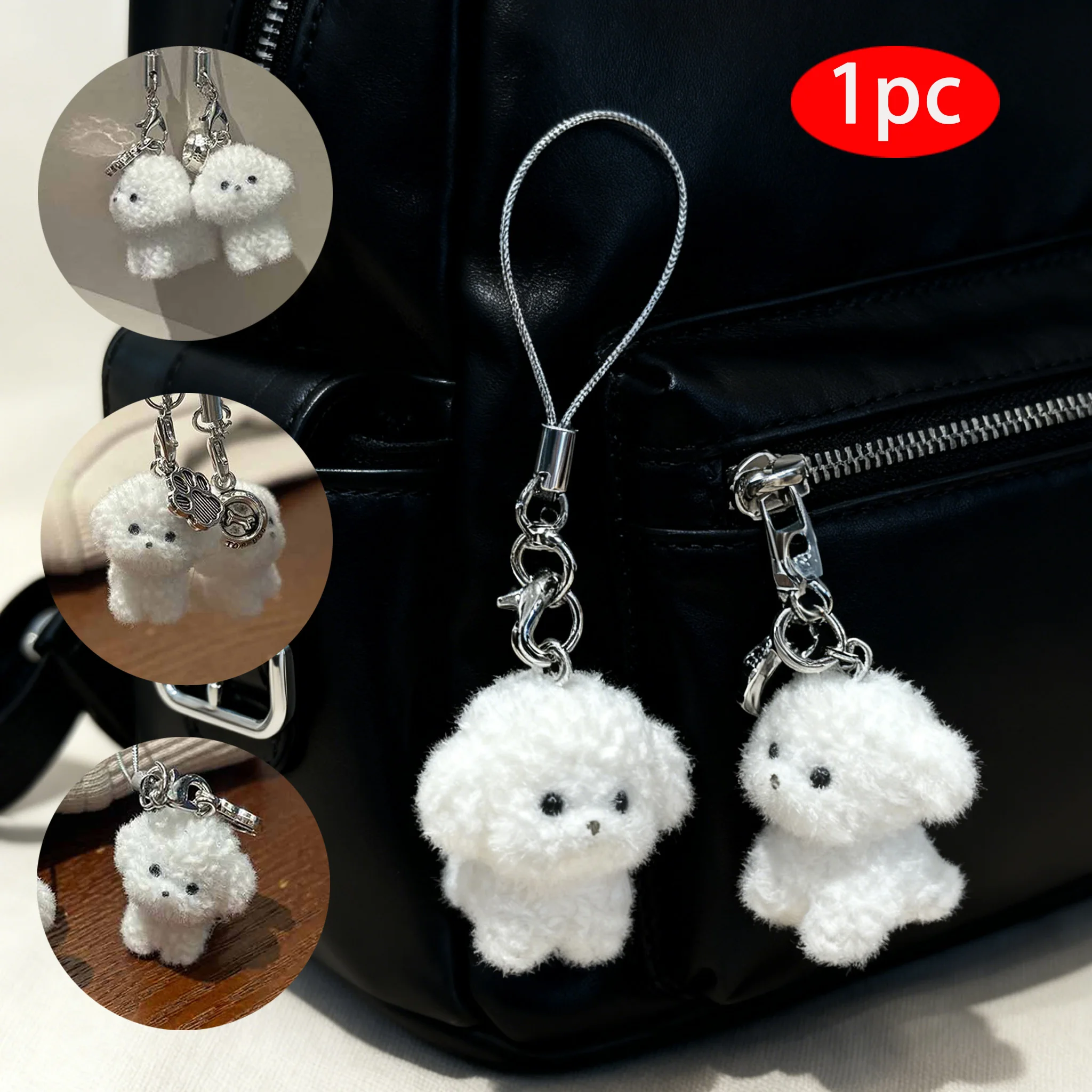 1Pcs 3D  Backpack Car Keyrings Charms Hangs Little Plush Animal Pendant Flocked Resin Dog Puppy Keychain