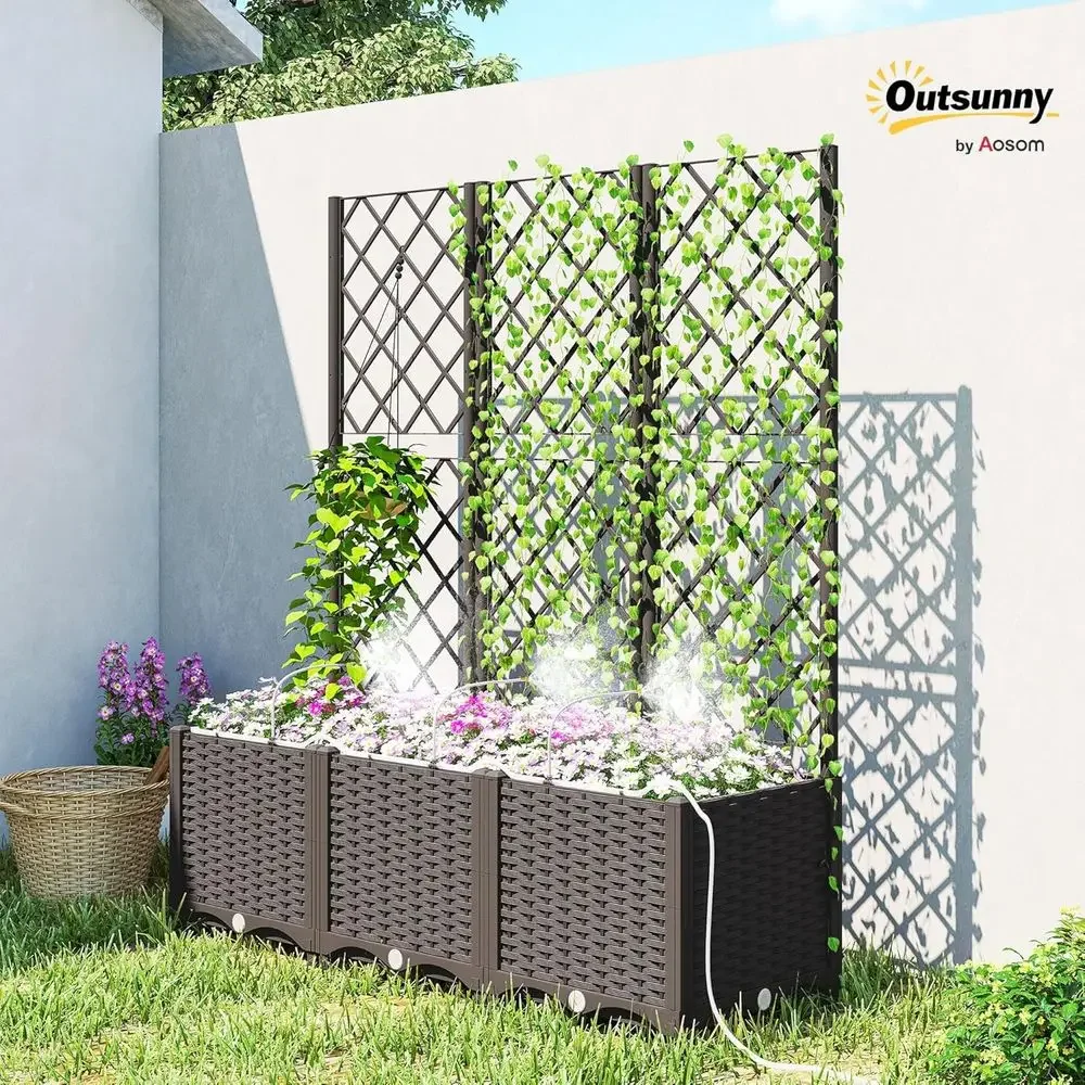3-Piece Plastic Planter Set with Self-Watering and Trellis, Outdoor Garden Beds with Drainage, Plugs, and Water Reservoir