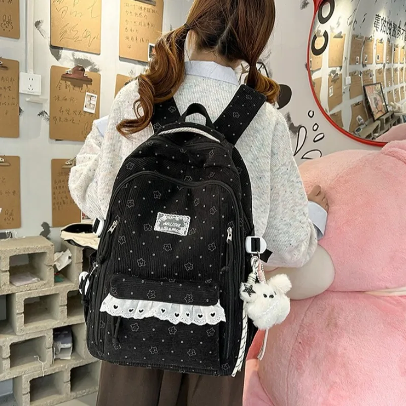 Corduroy Winter Backpack Korean Stars Print Lace Cute Rucksack Mori Girl Style Artistic Daypack Middle School Student School Bag