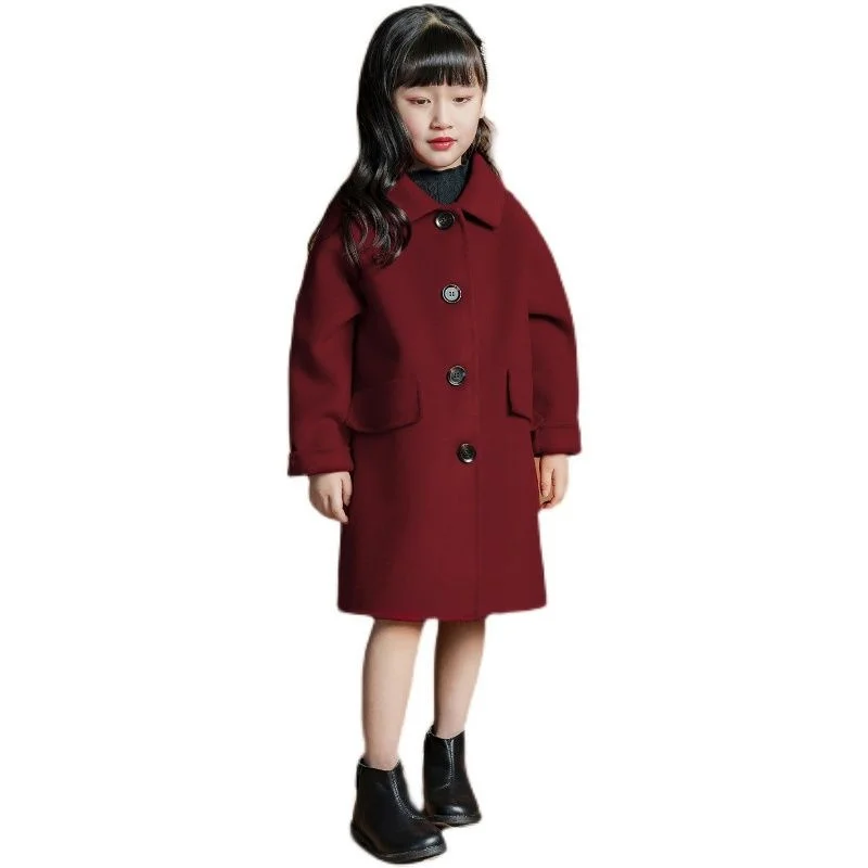 Girls Woolen Coat Jacket Cotton Outwear Windbreak 2023 Red Wine Warm Plus Thicken Velvet Winter Autumn Party Children\'s Clothing