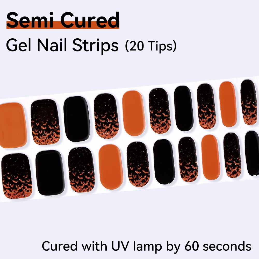 

20Tips Black and Gliter Semi Cured Gel Nail Strips Y2K Spider Web Adhesive Sliders Gel Polish Made Nail Stickers DIY Manicure
