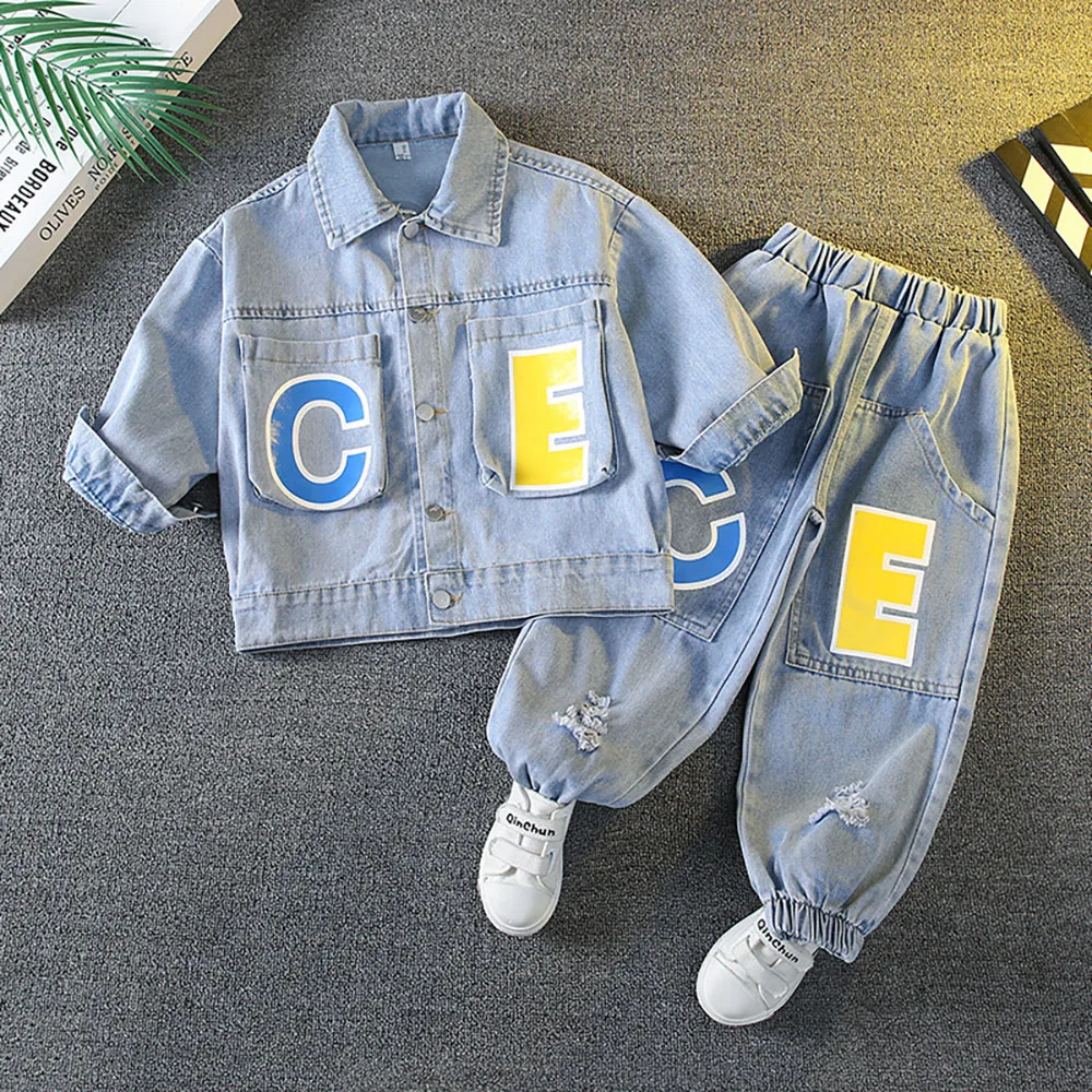 

1-8Years Old Boy's Jeans Suit Casual Loose Boy Kids Letter Denim Coats+Pants 2Pcs Spring Autumn Handsome Children Clothes Sets