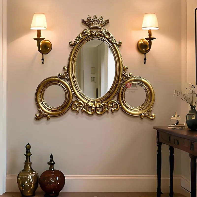 Creative carved three-sided mirror wall hanging makeup mirror villa bedroom American retro fireplace decoration