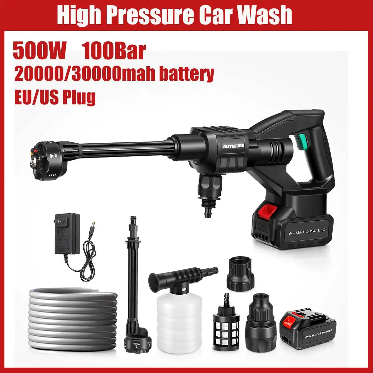 

20000/30000mah 500W 100Bar Cordless Portable High Pressure Car Washer Washing Cleaner Machine Water Gun EU Plug