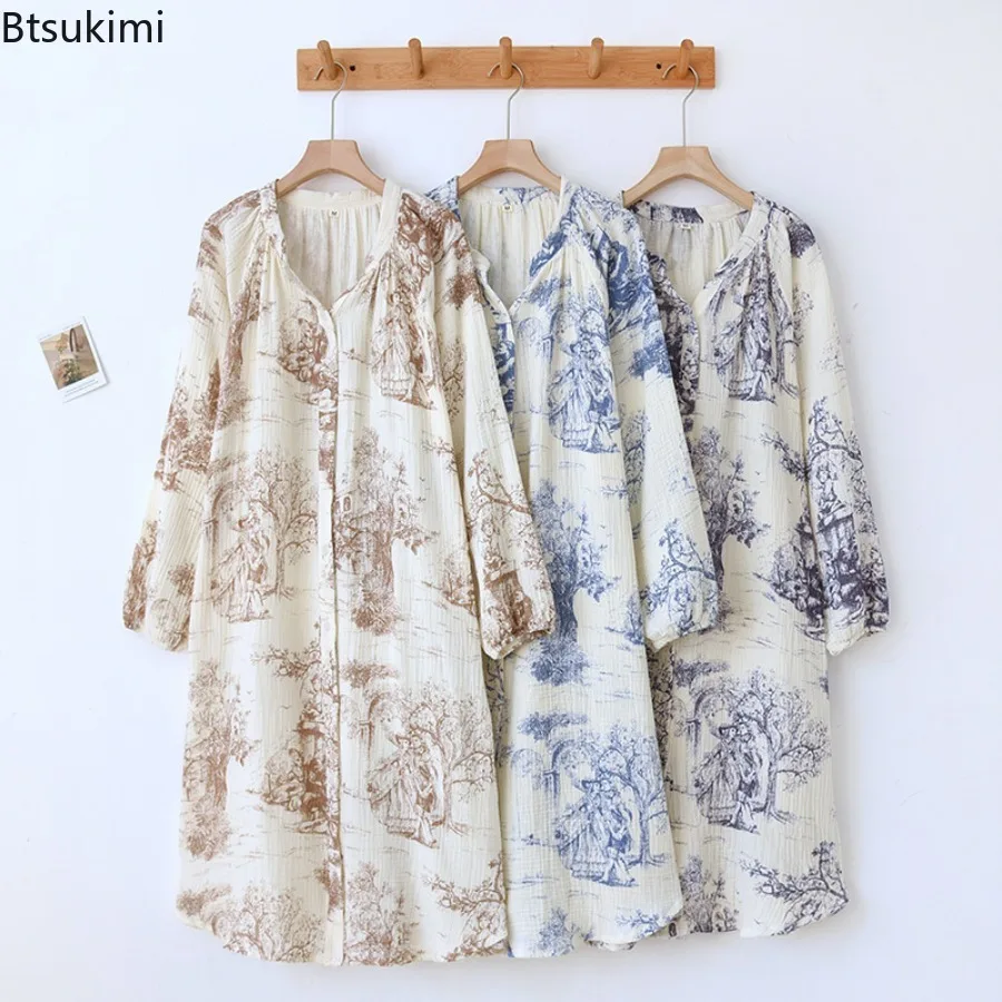 Women's Robes Long Sleeve Cotton Secret Garden Printing V-neck Sleeping Dress for Women Sleepwear Breathable Sleeping Nightgowns