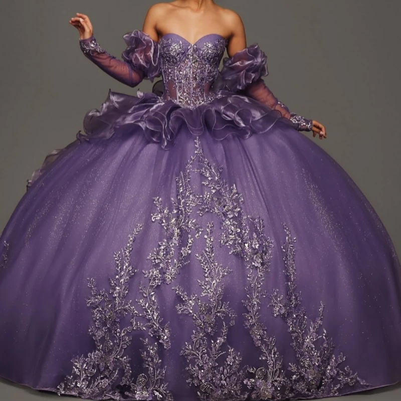 

Фиолетовые блестящие платья Quinceanera с открытыми плечами и аппликацией из кружева и бусин, корсет из тюля для вечеринки, дня рождения, милое платье 16, Vestidos 15 De