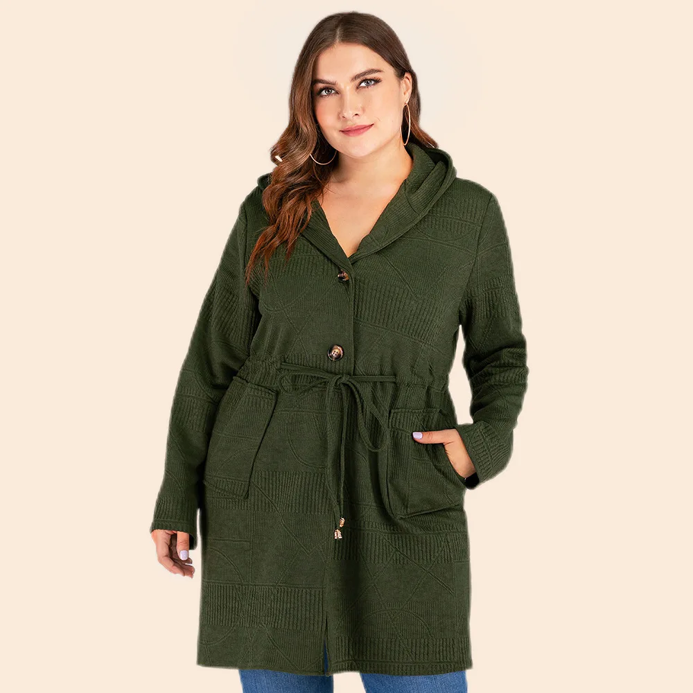 Plus Size Women Hooded Jacket Elastic Waist Pocket Split Casual Long Sleeve Sweater Coat 2023 Fashion Solid Color Loose Jackets