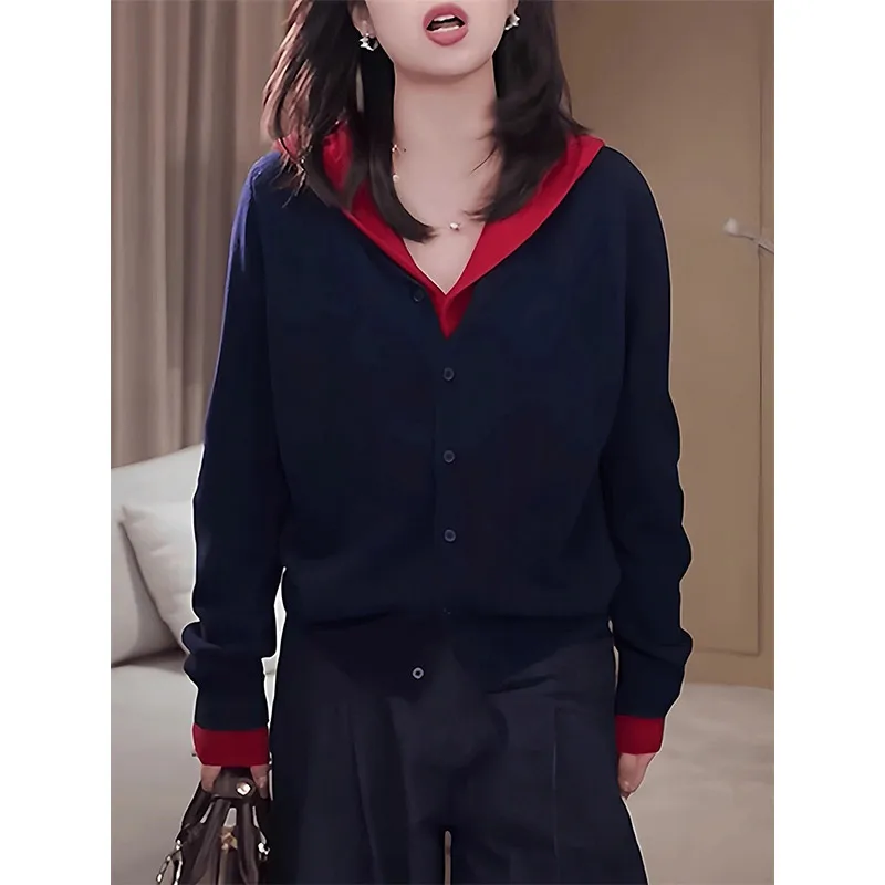 Modny, dzianinowy, długi kardigan z kapturem, damski, luźny krój, casualowy, z efektem łączenia materiałów, imitacja dwuczęściowego stroju, elegancki, jesienny nowy...