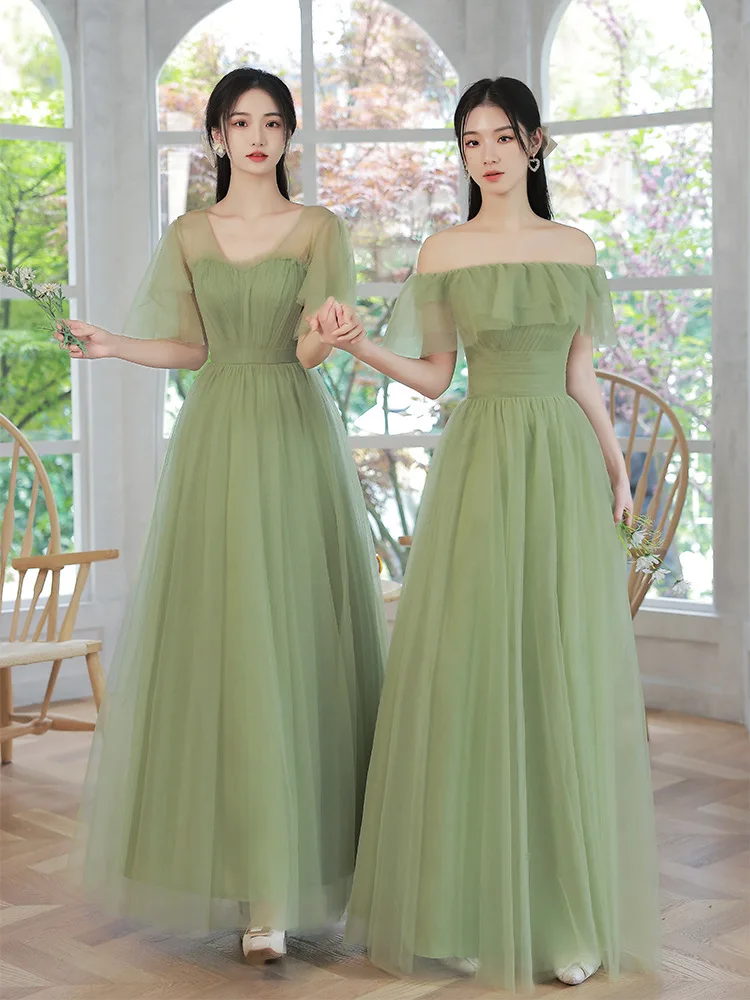 4 Styles Green Bridesmaid Dresses Simple Tulle Off-shoulder Sisters Party Prom Gown Lace Up Wedding Party Ankle-Length Vestidos