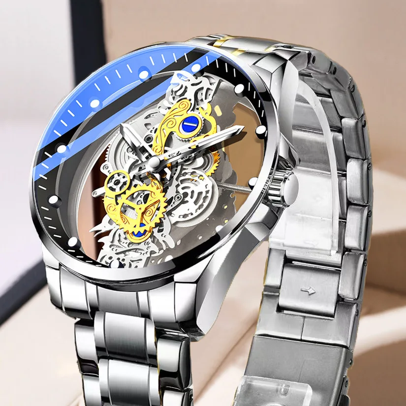 1pc Men's Transparent Double-sided Hollow Quartz Watch, Waterproof Glow Watch, Ideal Choice For Gifts