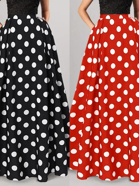 

Vintage Polka Dot Long Skirt High Waist Midi A-Line Skirt Women's Vintage Sle Full Skirt Polyester Material No Stretch